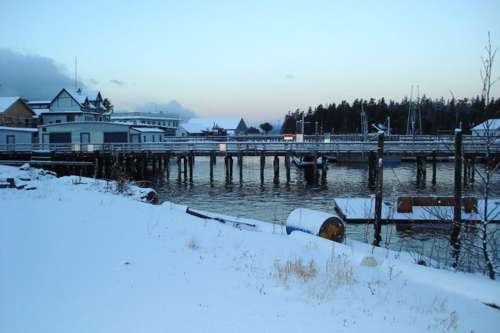 a body of water with boats in the snow