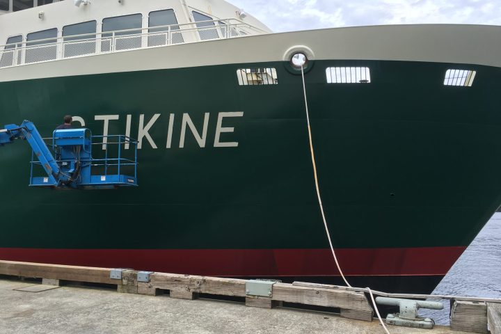 a large ship in the background