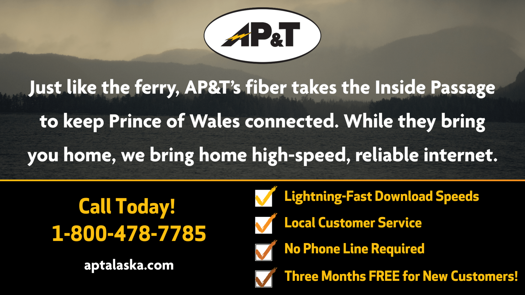 Ad for AP&T high-speed internet with contact info and service highlights.