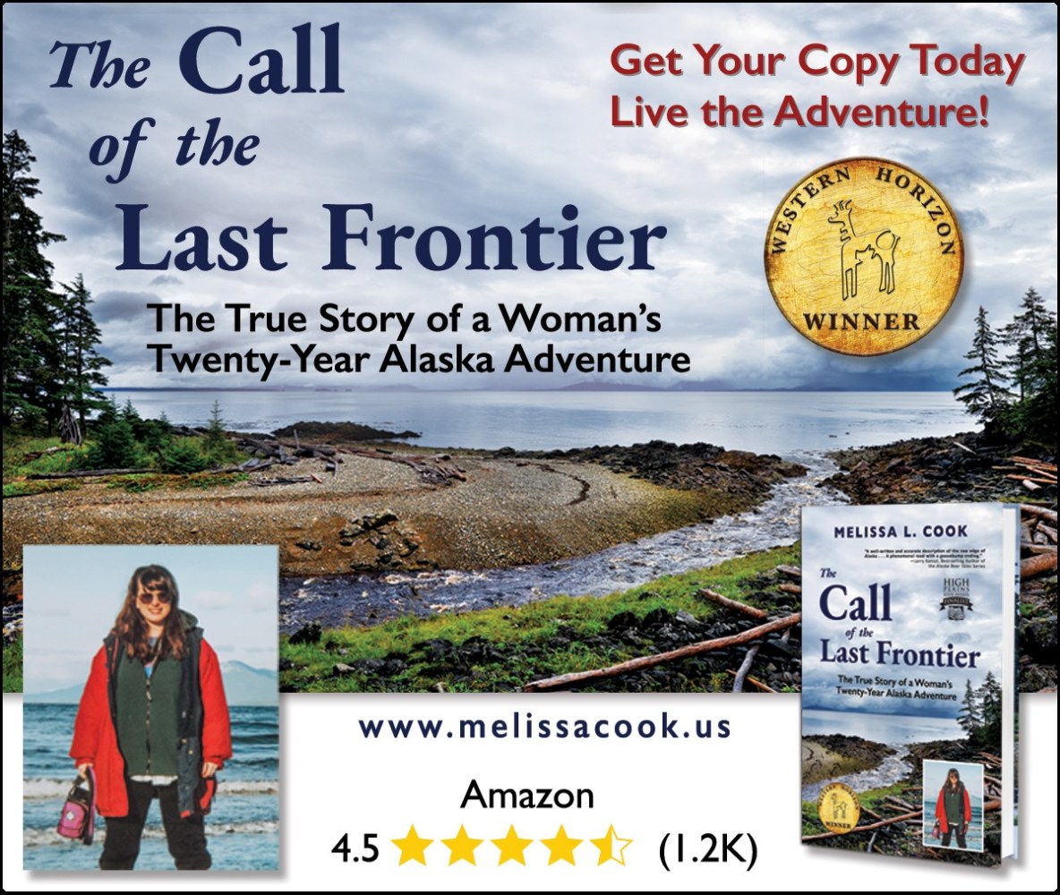 Advertisement for 'The Call of the Last Frontier' book set in an Alaskan landscape.