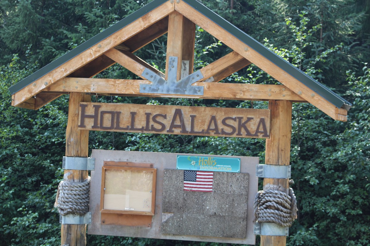 Wooden sign reading 'Hollis Alaska' with a small U.S. flag and greenery in the background.