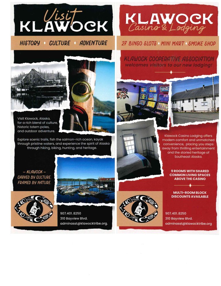 Promotional flyer for Klawock, Alaska featuring text and images of scenic views and accommodations.
