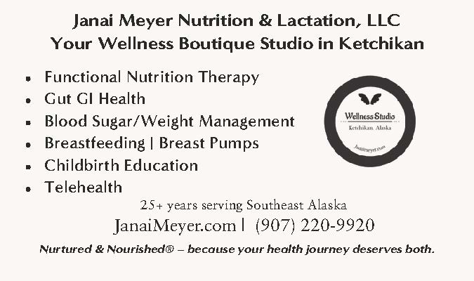 Business card for Janai Meyer Nutrition & Lactation, offering various health and wellness services in Ketchikan.