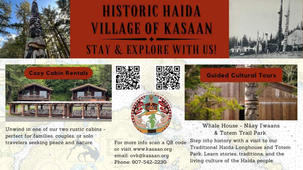 Promotional flyer for Historic Haida Village of Kasaan featuring totem poles, cabins, tours, and QR codes for info.