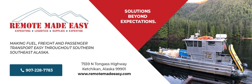 Boat on lake near forest; Remote Made Easy logistics ad with contact info and Alaska location.