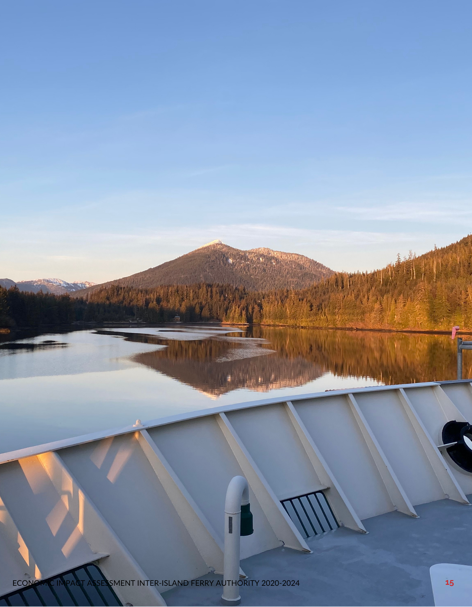 Ferry deck overlooking calm water with wooded hills and distant mountains under a clear sky.