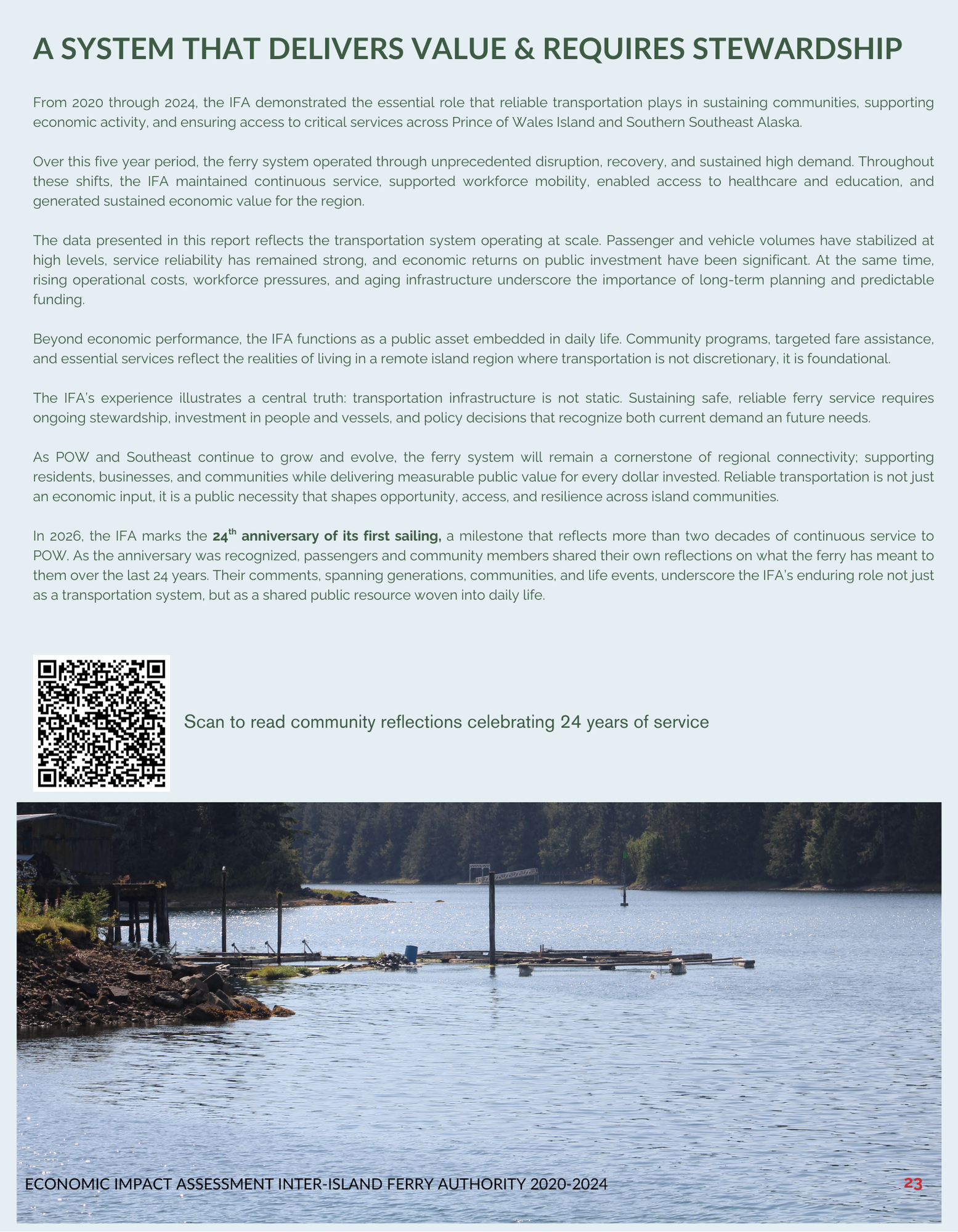 Text about the Inter-Island Ferry Authority's role and impact, with a QR code and dock photo. Economic Impact Assessment.