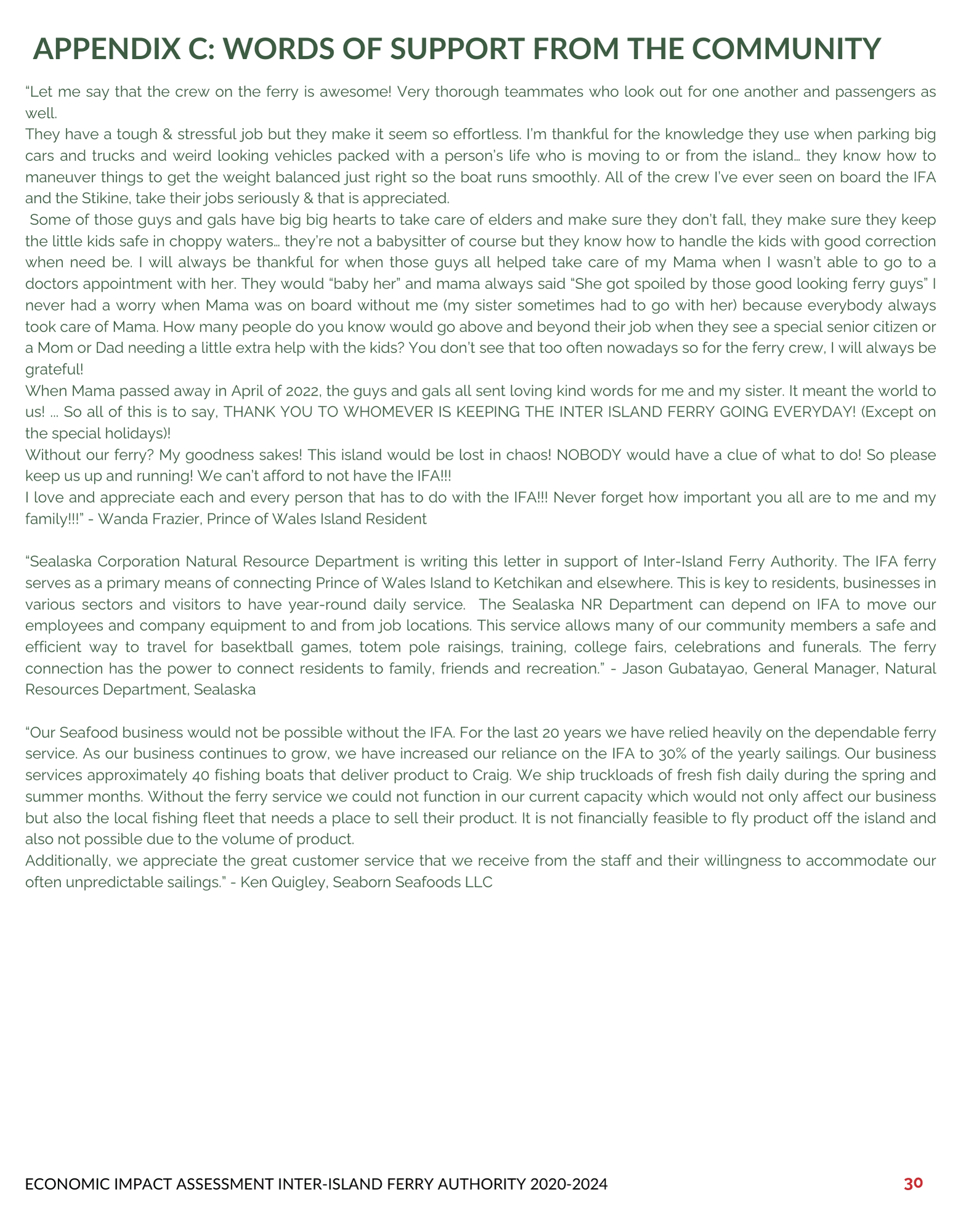 Text of community support letters for Inter-Island Ferry, highlighting importance and reliability of the service.