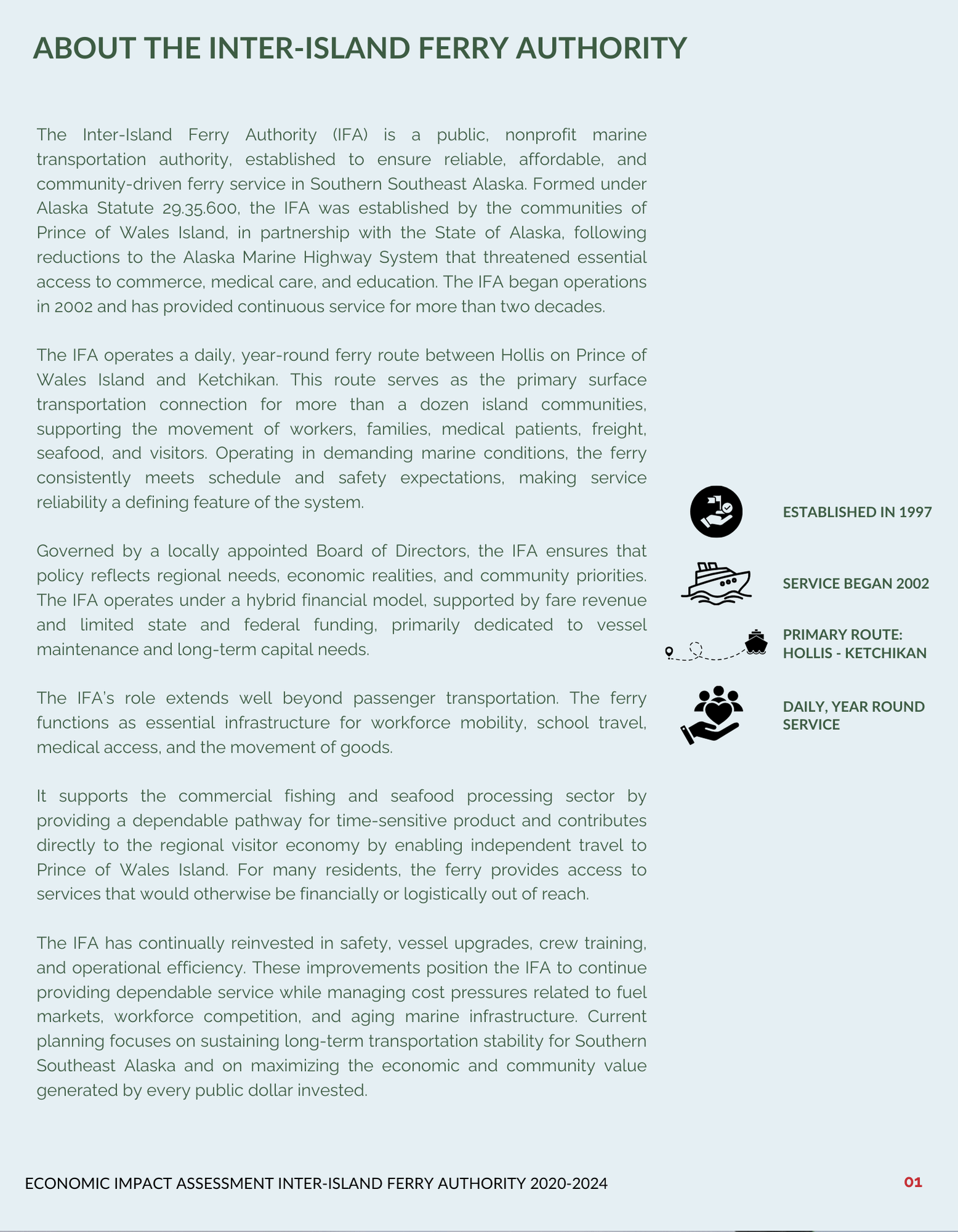 Text about the Inter-Island Ferry Authority: established 1997, service 2002, primary route Hollis-Ketchikan, daily service.