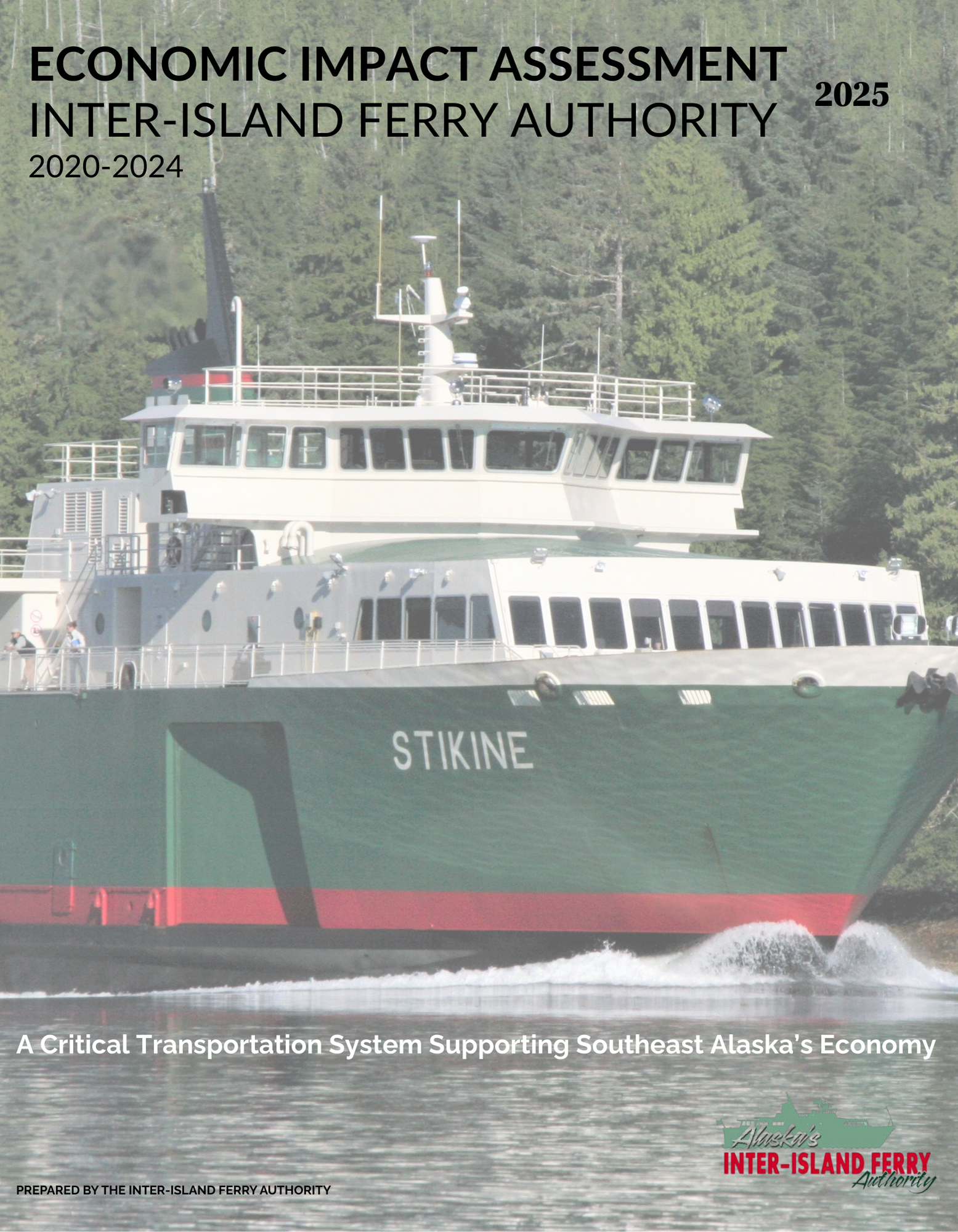Cover of a ferry authority economic report with a ferry boat on water.