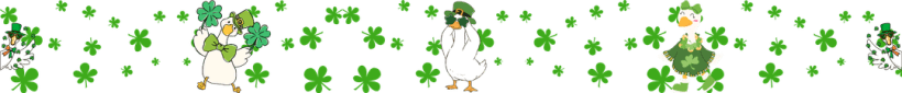 Ducks wearing green attire with shamrocks on a black background.