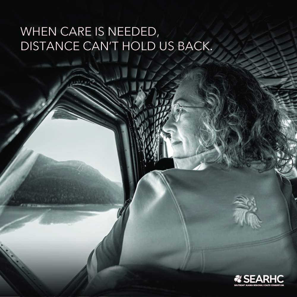 Elderly woman looks out airplane window at mountains. Text: 'When care is needed, distance can't hold us back.'