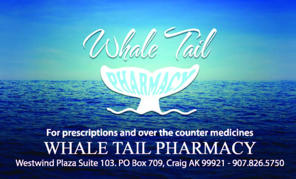 Whale Tail Pharmacy logo over ocean background with contact details.