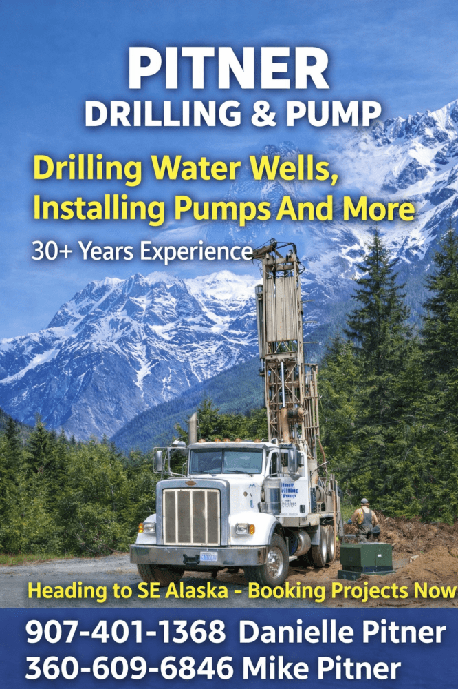 Drilling truck with mountain backdrop, business contact info for drilling services.